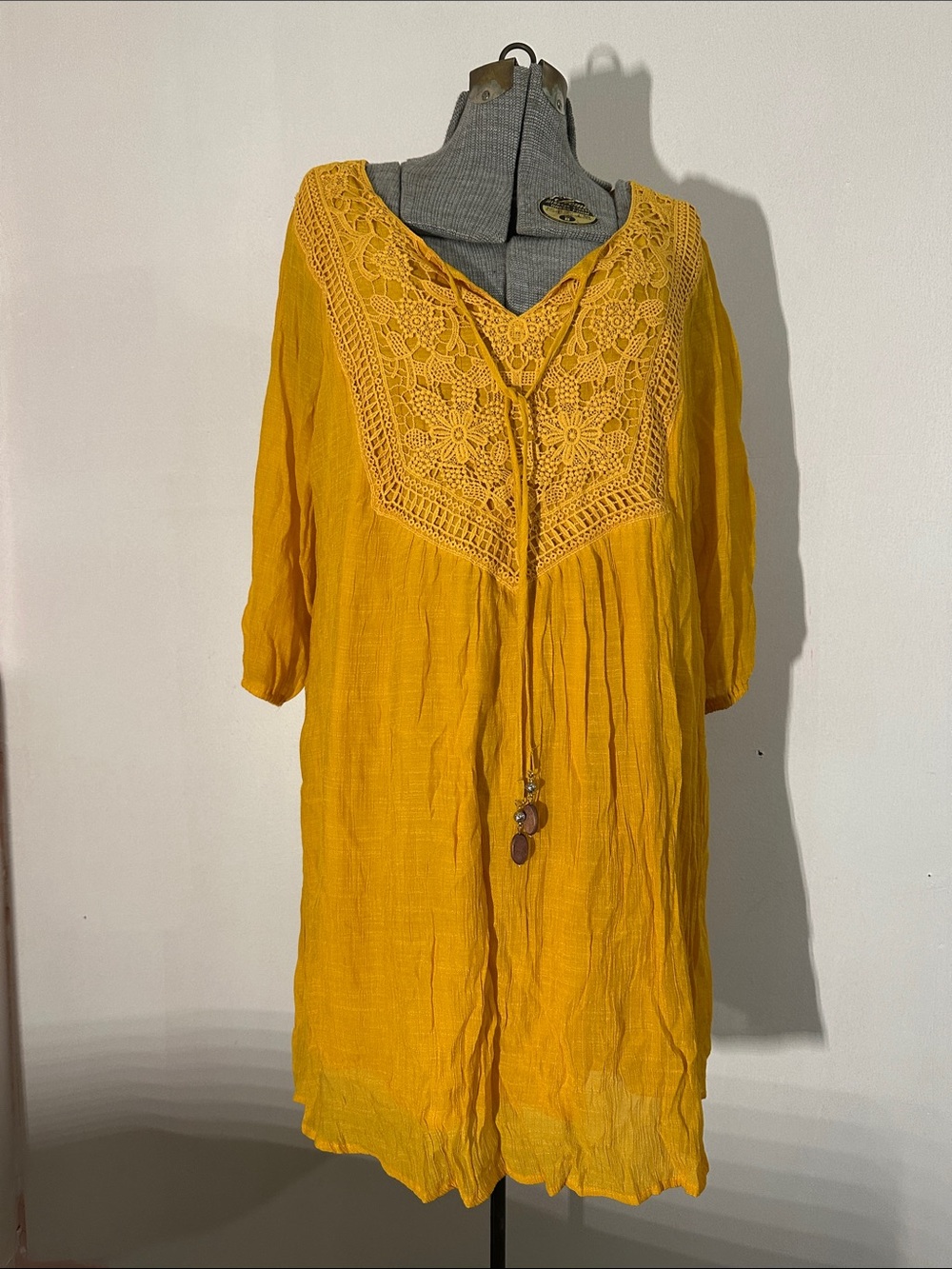 Women's Mustard Crochet Yoke Tunic Top